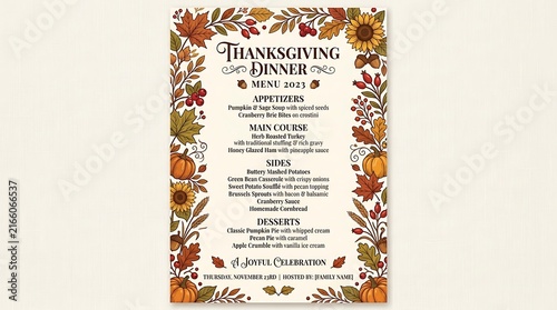 Thanksgiving dinner menu with autumn leaf border