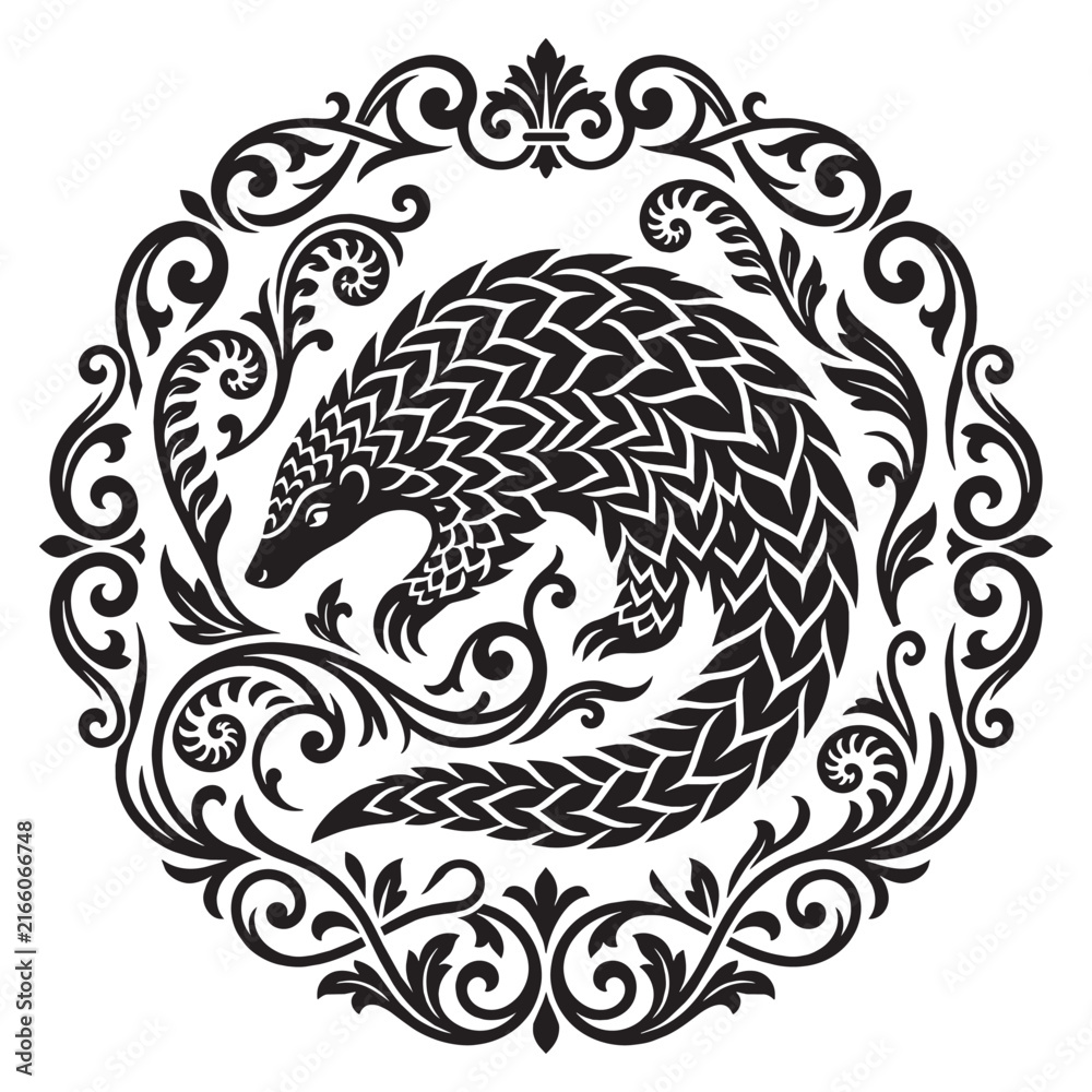 Obraz premium Ornate Victorian Pangolin Vector Illustration with Filigree Flourish and Ornamental Scrollwork Frame