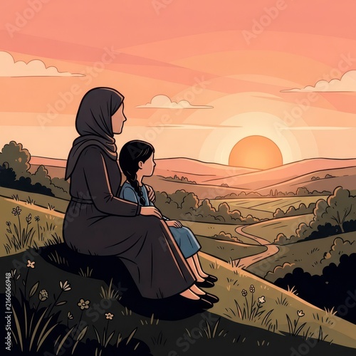 Mother and daughter watching sunset in nature