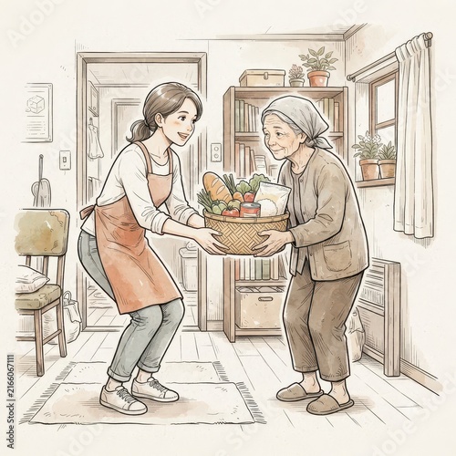 Young woman giving food basket to elderly woman
