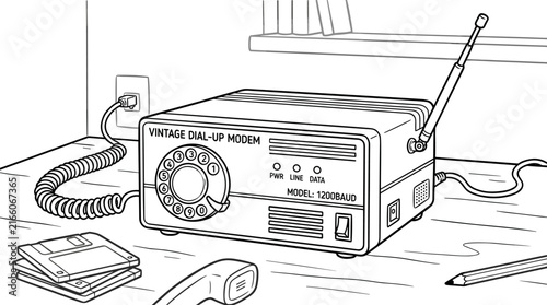 Foto Vintage dial-up modem with rotary dial, floppy disks, and handset on a desk, ret