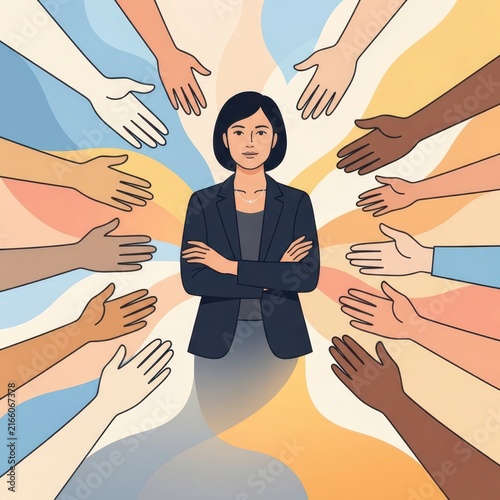 Confident businesswoman surrounded by diverse hands
