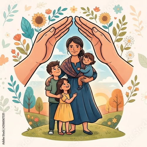 Mother and children protected by giant hands