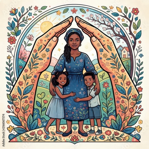 Mother and children protected by giant hands illustration