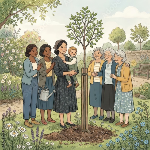 Multi-generational family planting a tree in a garden