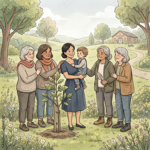 Multigenerational family planting a tree in a garden