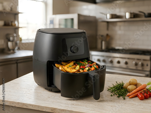 Black air fryer with golden french fries in a modern home kitchen setting