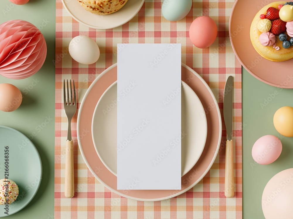 Fototapeta premium Top-down view of a festive Easter brunch table setting with blank menu card, colorful eggs, and sweet treats