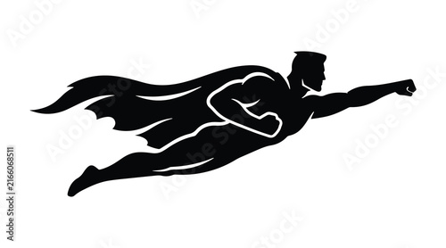 Foto Black silhouette of a flying superhero character wearing a cape and extending a