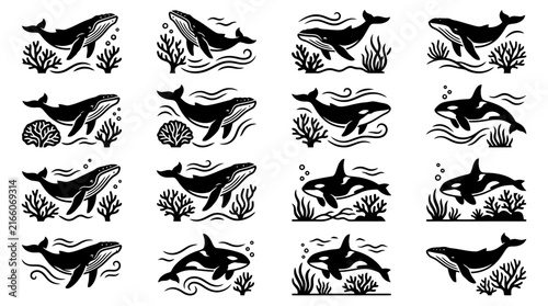 Set of black silhouettes of whales and killer whales swimming in the ocean among corals and algae in a linocut vector style, marine wildlife design elements and collection