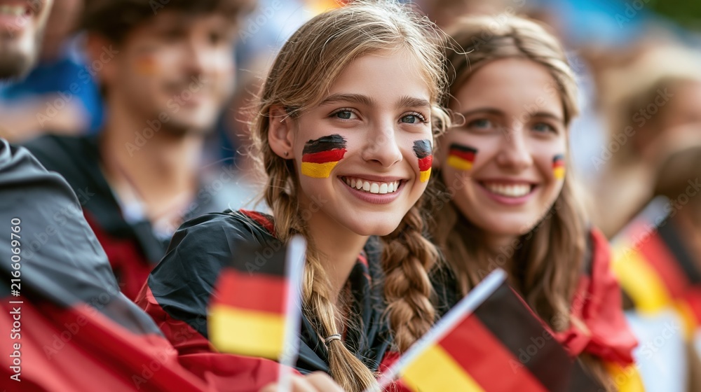 Obraz premium Excited young women with German flag face paint and flags cheering at a sports event
