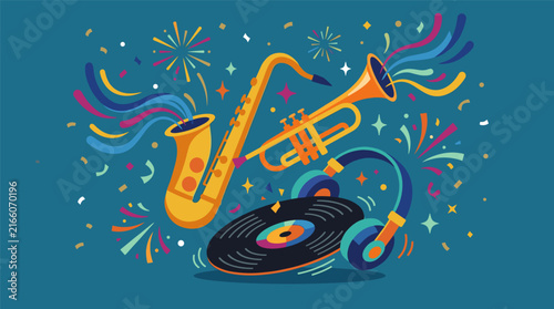 Flat design vector illustration of jazz instruments, vinyl record, and headphones with confetti and streamers