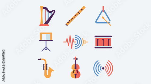 Flat design icon set of musical instruments and sound waves, including harp, flute, triangle, drum, saxophone, violin, isolated on white.