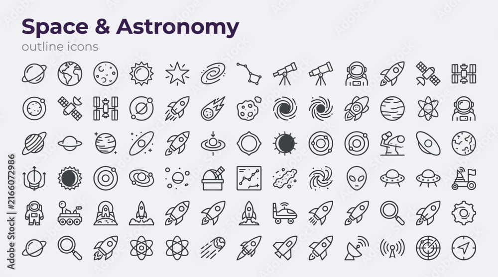 Fototapeta premium Space and astronomy line icons set featuring planets, rockets, satellites, astronaut equipment, and celestial universe symbols in minimalist outline vector style