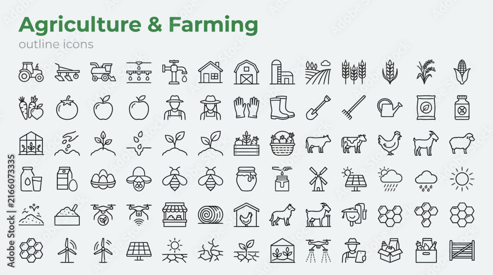 Obraz premium Agriculture and Farming Outline Icon Set with Sixty Minimalist Vector Symbols for Rural Industry and Agribusiness