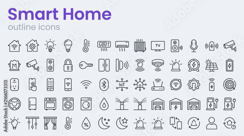 Bild auf Leinwand Smart home technology and IoT devices icon set in minimalist monochrome outline