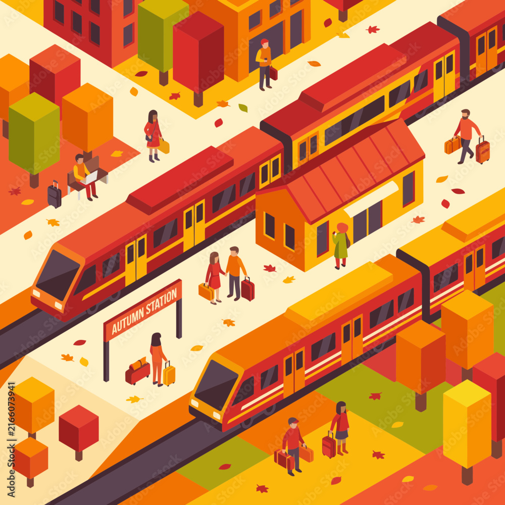 Naklejka premium Isometric illustration of a busy train station with passengers and trains.