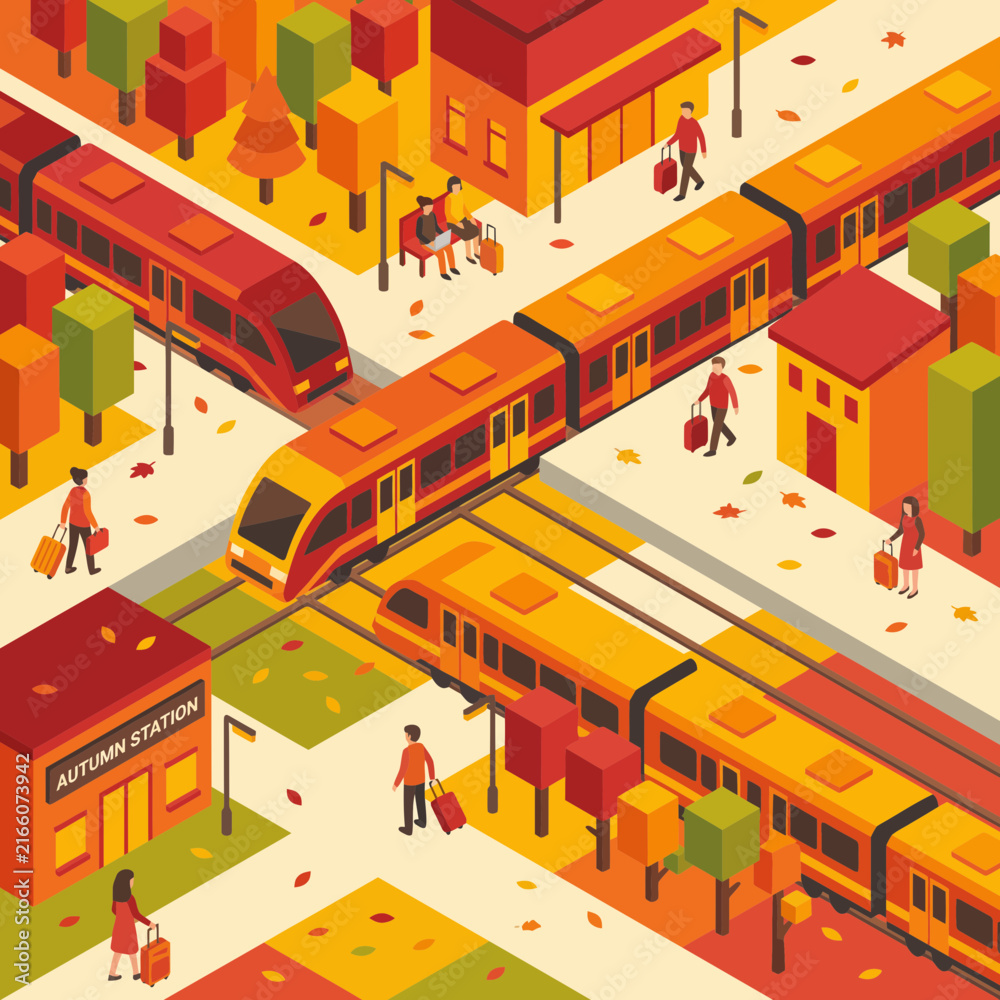Obraz premium Isometric illustration of an autumn train station with passengers.