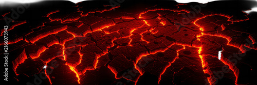 Molten lava flowing through cracks of dark volcanic rock