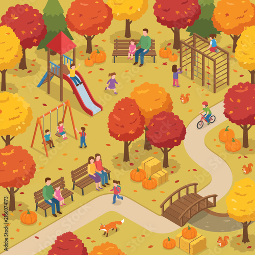 People enjoying a vibrant autumn day at a public park playground.