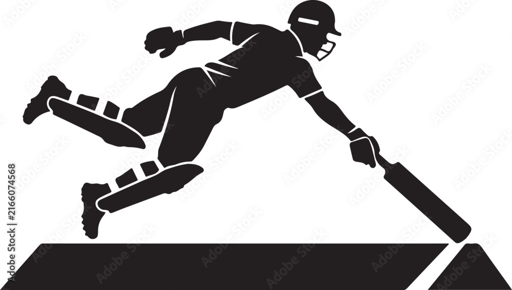 Fototapeta premium Cricket Player Diving with Bat Toward Crease, Black Silhouette.