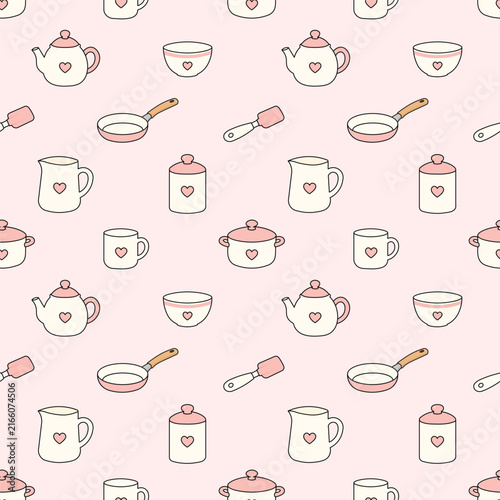 Cute Kitchenware with Heart Motifs Seamless Pattern Featuring Teapots, Cups, Pots and Pans