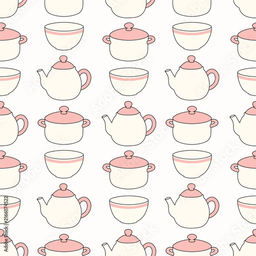 Cute Teapots, Cooking Pots and Bowls Seamless Kitchenware Pattern for Home and Cooking Designs