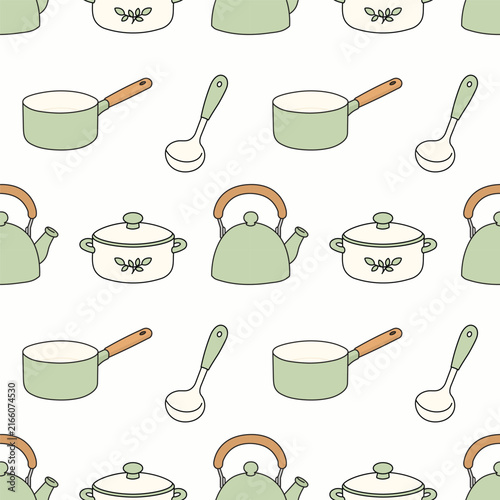 Green Cookware, Teapots and Kitchen Utensils Seamless Pattern with Pots, Ladles and Kettles