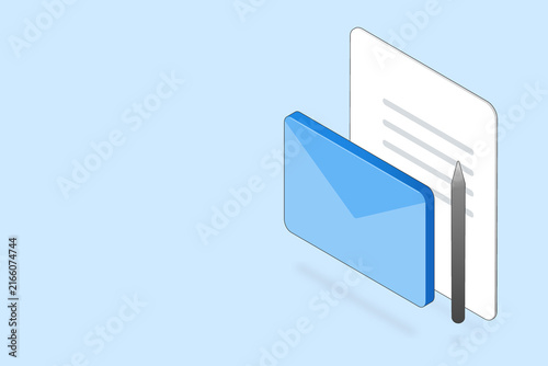Isometric envelope with letter and pencil on blue background