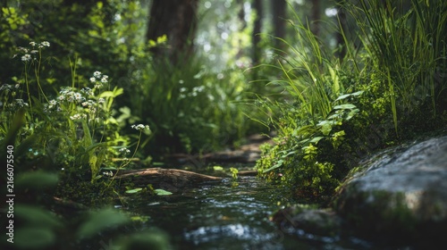 Idyllic woodland stream with flourishing vegetation creates a serene setting