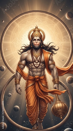 Powerful Hanuman with Gada and Celestial Golden Aura