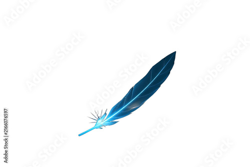 Single glowing blue feather on black background