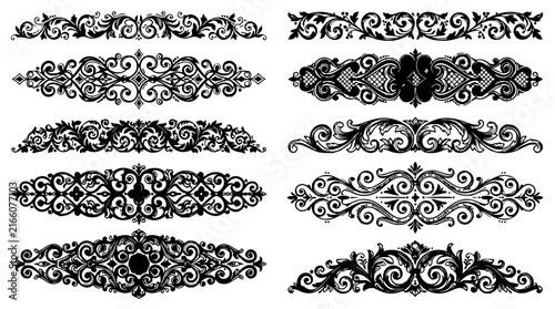 Decorative borders and swirls set with intricate floral and geometric patterns featuring elegant curls, ornate flourishes, and symmetrical designs with vintage and modern styles and