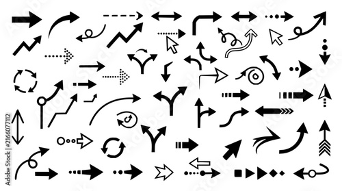 Directional arrows and symbols set with flat icons featuring left, right, up, down, and diagonal arrows with geometric shapes and minimal style