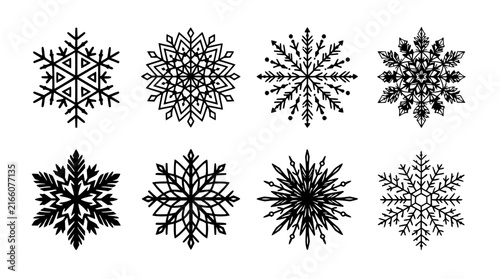 Eight black snowflakes set with intricate geometric designs featuring symmetrical patterns, minimalist style, and monochrome palette with sharp edges and negative space