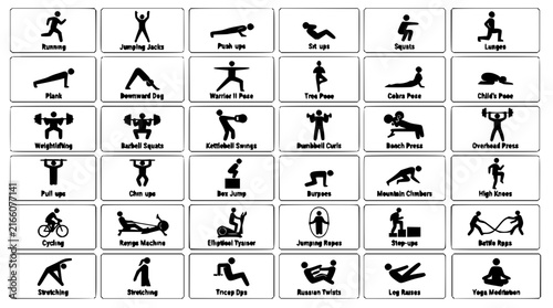 Exercise set with diverse people doing yoga, running, and weightlifting featuring silhouettes, fitness poses, and workout routines with dumbbells and yoga mats