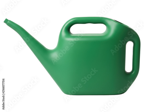 Green plastic gardening watering can cutout on transparent background