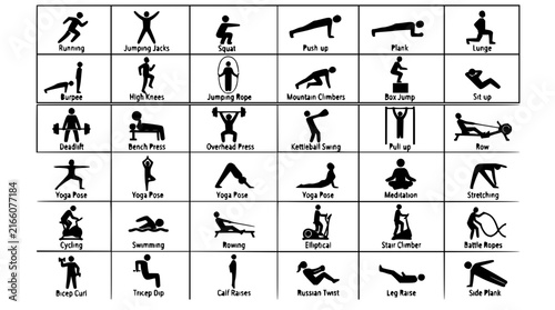 Fitness exercise set with diverse figures in dynamic poses featuring dumbbells, yoga mats, running, and stretching with healthy lifestyle and workout routines and gym equipment