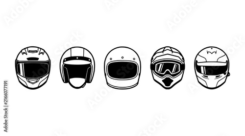 Five futuristic helmets set with sleek metallic design featuring cyberpunk, space, racing, military, and motorcycle styles with matte and glossy finishes and sharp angles