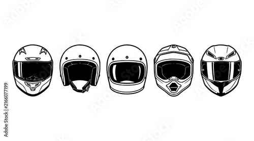 Five helmets set in a row featuring military, motorcycle, bicycle, construction, and firefighter designs with matte and metallic finishes