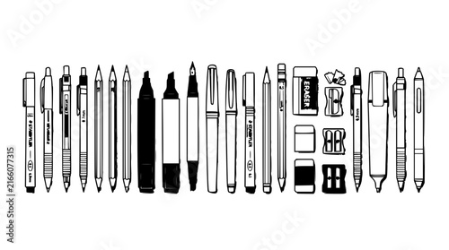 Writing and drawing tools set with flat lay arrangement featuring pens, pencils, markers, brushes, and erasers with notebook and sharpener