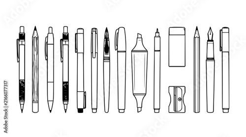 Writing and drawing tools set with pencils, pens, markers, and brushes featuring erasers, sharpeners, and rulers with sketchpad and ink bottles