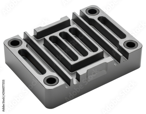 Precision CNC machined aluminum industrial component cut out on transparent background