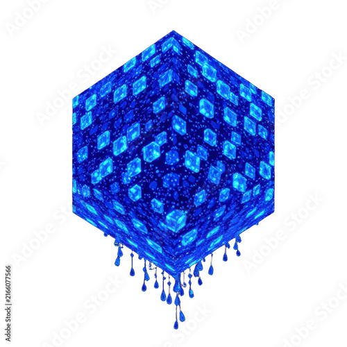 Abstract Glowing Blue Fractal Cube with Hanging Crystal Elements