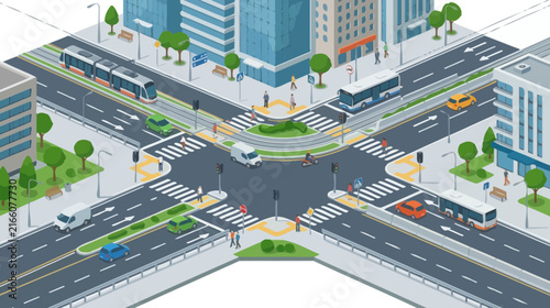 Busy City Intersection with Vehicles, Tram, and Pedestrians