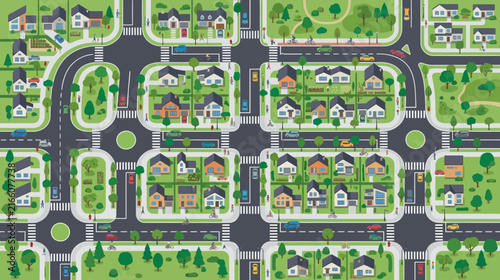 Aerial view of suburban neighborhood with houses, streets, cars, and green spaces.