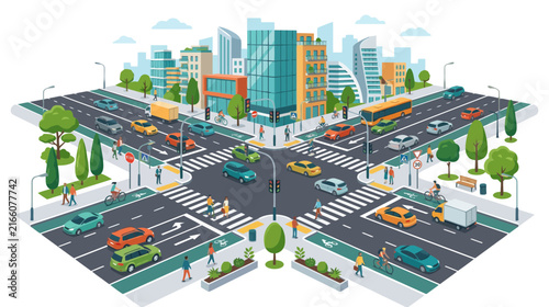 Busy City Intersection with Traffic and Pedestrians - Urban Crossroads