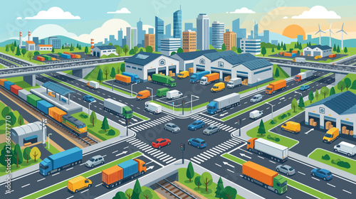 Busy Logistics Hub: Trucks, Trains, and City Skyline