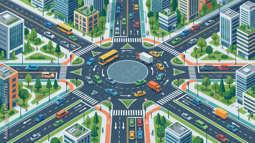 Busy city traffic circle intersection with cars, buses, and trucks in isometric view.