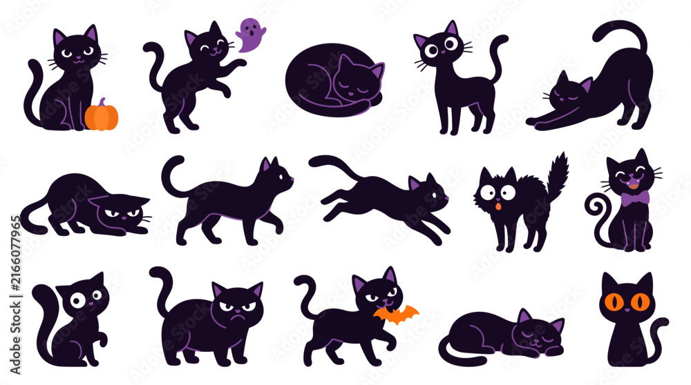 Obraz premium Black cats 14 piece set vector collection, spooky Halloween mascot icons, cute kitted characters with pumpkins and ghosts, flat design isolated on White Background Halloween